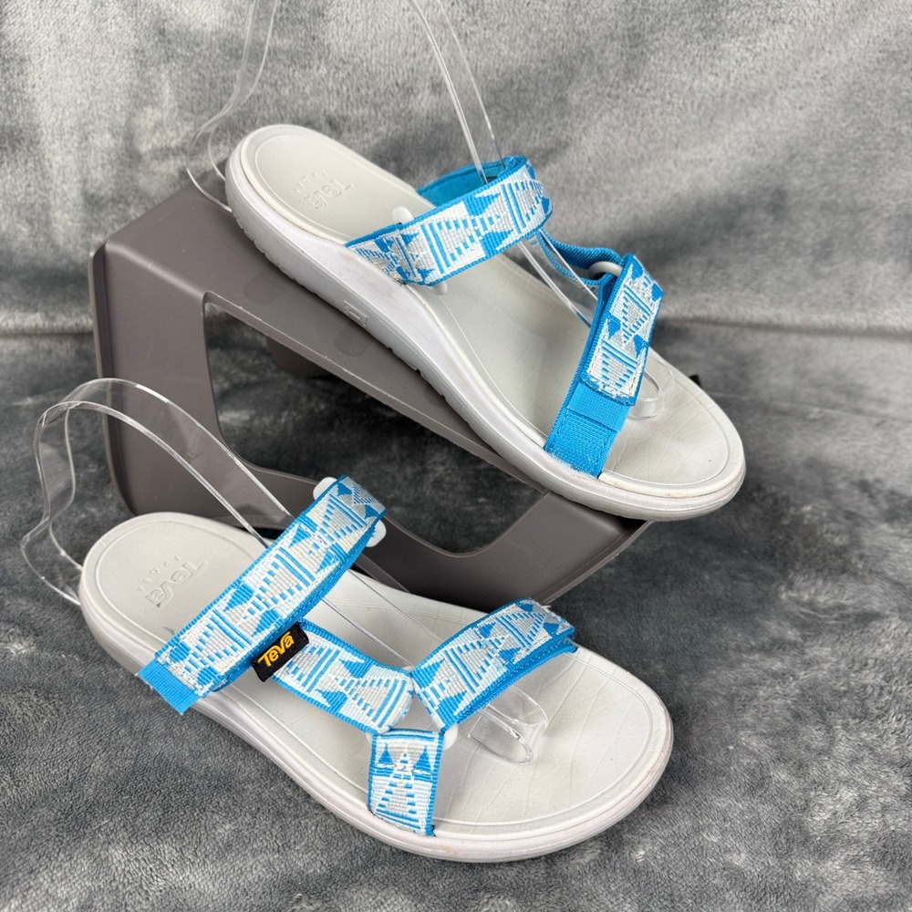 Teva Sandals Women's Sz Strappy Walking Sandal Aqua Blue White Pattern Comfort - Picture 4 of 12